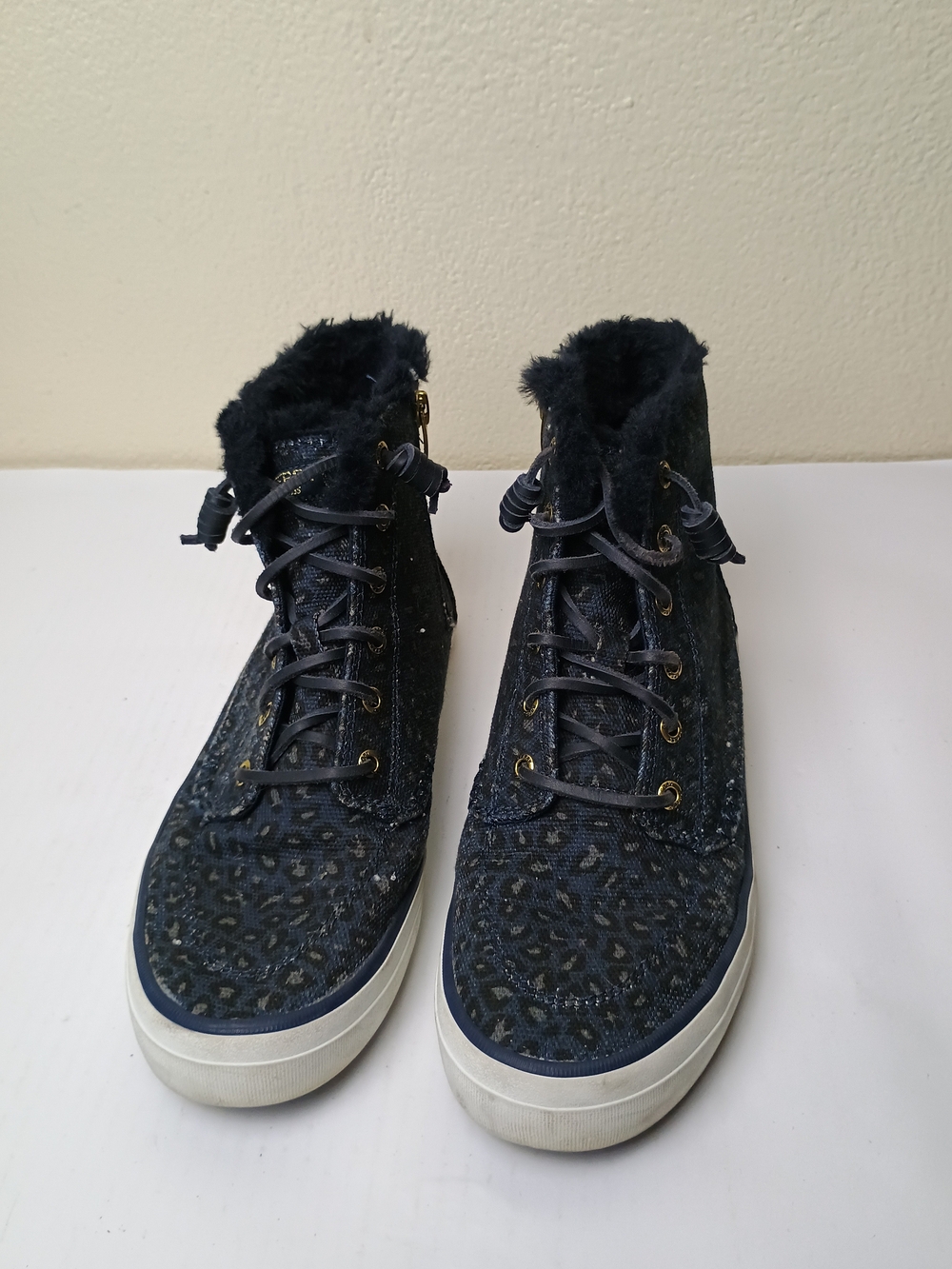 Sperry Top-Sider Crest 8.5M Blue Gold Leopard-Print Faux Fur High-Top Sneakers - Picture 3 of 14